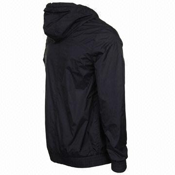 Cheap polyester men's windbreakers, jackets w/ hood in plain black ...