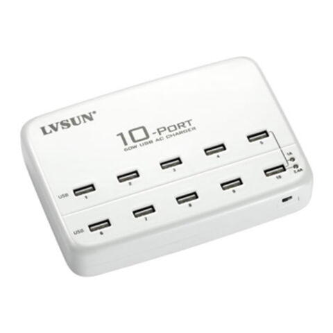 60W USB AC Charger with 10-port, 100-240V AC, 1.3A 50/60Hz Input
