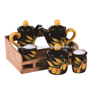 Buy Wholesale China Ceramic Salt Pepper Oil And Vinegar Set With Wooden