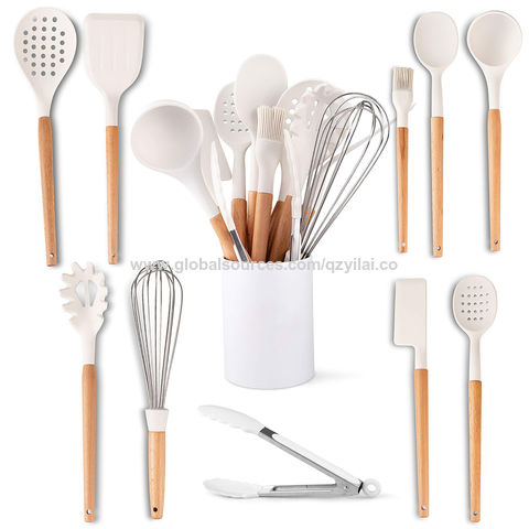 Milky White Wooden Handle Silicone Kitchenware Piece Household