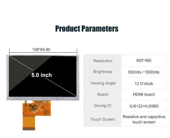 China Kingtech 5 Inch Oem Odm High Brightness Display 800x480 IPS