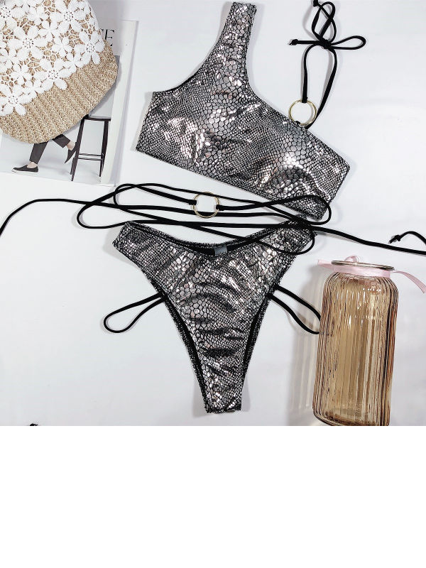 China Bronzing Sexy Bandage Strap Bralette Panty Shiny Bikini Set