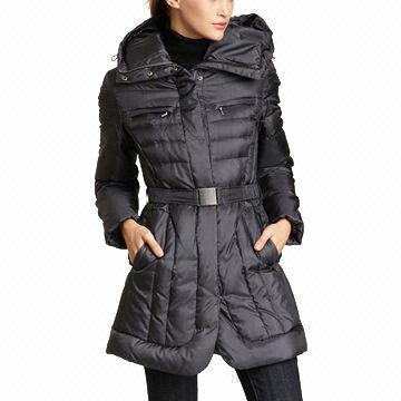 Women&39s Down Coat with Belt Hat Pockets on Both Side and Zippers
