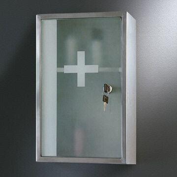 medicine cabinet with lock and frosted glass door, measuring 250 x