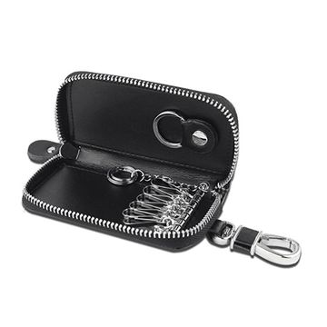 Unisex Mens Womens Premium Leather Car Key Holder Bag Keychain Case Wallet  with 6 Hooks Zipper Closure