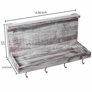 China Wall Mounted Floating Shelf With 4 Hooks Brown Finish On