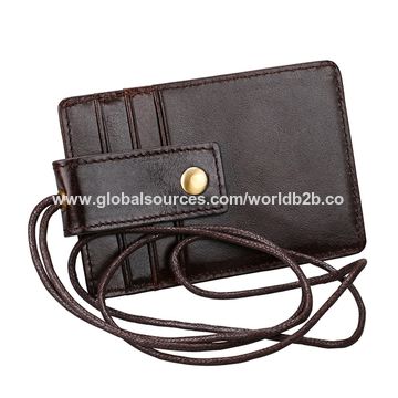 Leather ID Card Holder with Lanyard | Personalized Leather Badge Holder with Lanyard Dark Brown / Short