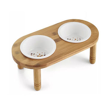 China Wholesale Cheap Bamboo Wooden Raised Dog Feeder With 2 Bowls