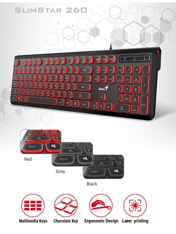 GENIUS Slimstar 260 Wired USB Multimedia Keyboard - Black/Red