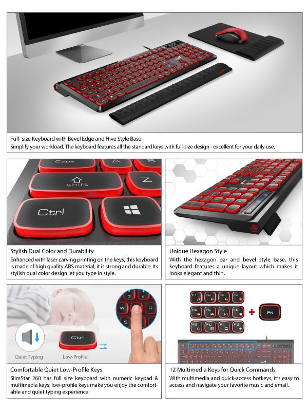 GENIUS Slimstar 260 Wired USB Multimedia Keyboard - Black/Red