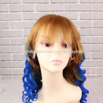 China Brown And Blue Full Lace Wig Ombre Wavy Human Hair Lace