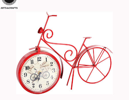 China Metal Table Clock Desk Art Red Hollow Out Bike Shaped Clock