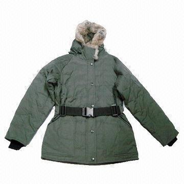 womens padded jacket with fur hood and belt