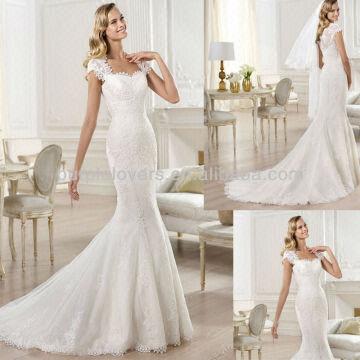 Wonderful Short Sleeve ,Mermaid lace Appliqued wedding dress 2014 ...