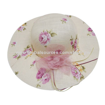 Elegante sombrero de sol para damas, hecho de lino, adornado con ramillete de organza for sale at factory direct price