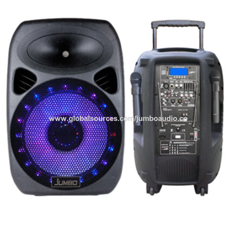 Wholesale China 15" Portable Speaker Box With Rechargeable Battery, Wireless Microphone, Wheel, Handle, Disco Light & 15" Portable Speaker Box at USD 45 | Global Sources