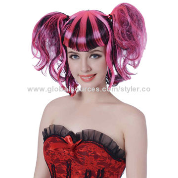 Halloween Pony Tail Black Wig With Pink Streaks Explore China