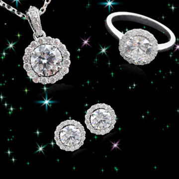 925 Sterling Silver Bridal Jewelry Set - Cubic Zirconia Halo Necklace & Earrings With Gemstone Center