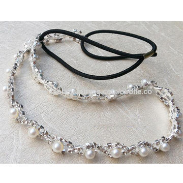 Cinta Elástica para el Cabello con Diamantes de Imitación, Fabricada con Cadena de Copas y Decoración de Perlas - Accesorios para el Cabello al por Mayor