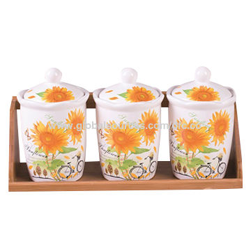 Sunflower Decal Ceramic Tea Coffee Sugar Canisters Set With Bamboo