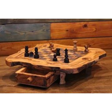 Handcrafted olive wood chess board with drawer including figures