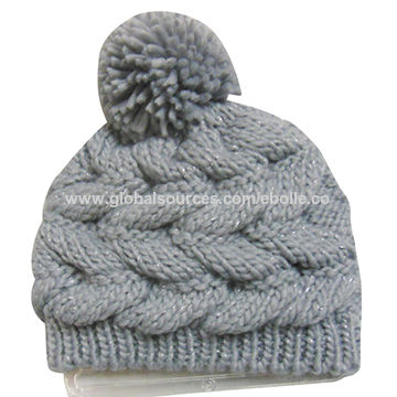 Knit Acrylic Hat with Pompon,with Silver Lurex Knitted