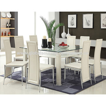 Pu Seat Glass Dining Room Table Set, Six Chairs Glass Dining Table