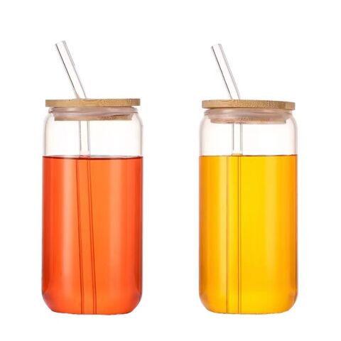 Drinking Glasses With Bamboo Lids And Glass Straw - 550ml Can