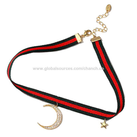 Copper Filigree Moon Black Ribbon Choker Necklace