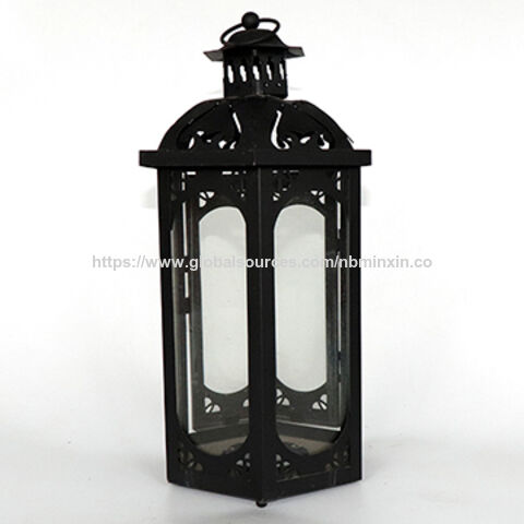Faroles negros de metal con puerta de cristal, diseño nuevo de linterna china para decoración for sale at factory direct price