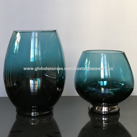 China Blue Glass Hurricanes Glass Candle Holders Glass Vases With