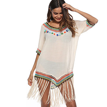 Beach & swimsuit caftans chiffon beach cover up with tassels women ...