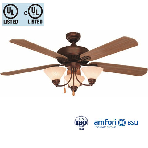 Ventilateur de plafond de 56 pouces avec 5 pales en bois et 3 lumières, commande à chaîne avec interrupteur inverseur