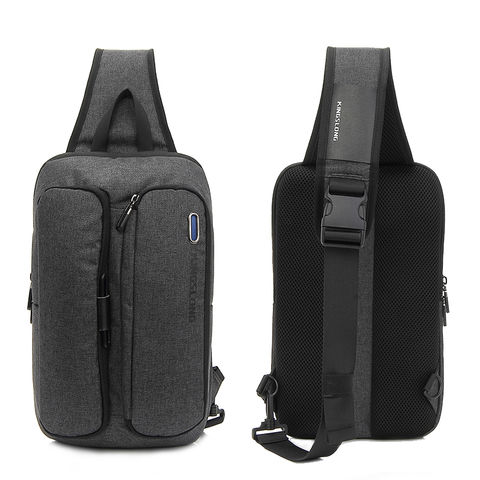 Men's Leather Sling Bag,Chest Shoulder Daypack Waterproof Crossbody Bag  with USB Black