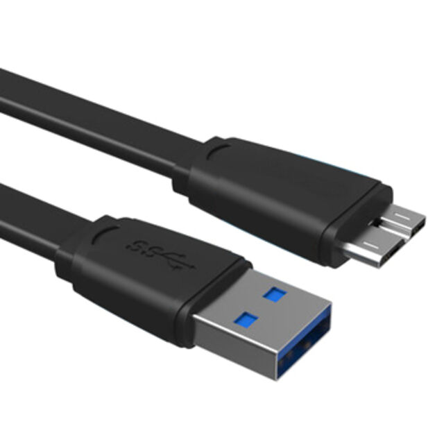 Schwarzes Flachkabel USB 3.0 Stecker auf Micro USB 10-Pin Stecker, Daten- und Ladefunktion
