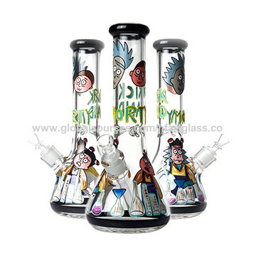 7MM Thick Glass Smoking Water Pipe Hand Drawing Rick and Morty Art On Glass Bong for sale at factory direct price