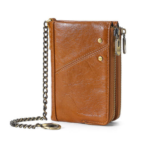 Billetera de cuero genuino Amazon para hombre, estilo vintage casual, doble cremallera, protección RFID antirrobo for sale at factory direct price