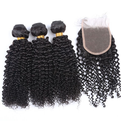 Vente directe d'usine d'extensions de cheveux humains, trame de cheveux ondulés bouclés avec closure en dentelle 4*4 for sale at factory direct price
