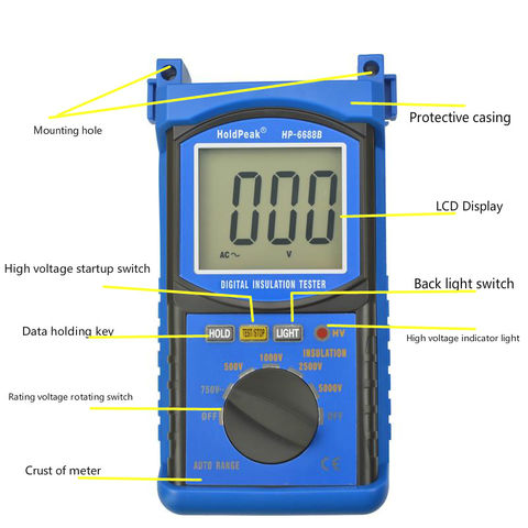 Data Hold Resistance Tester with 1999 Count LCD Display Auto Range Megohmmeter 1MΩ~200GΩ RQ-6688B Voltage Tester 500/ 1000/ 2500/5000V Digital Insulation Resistance Tester Back-Light 