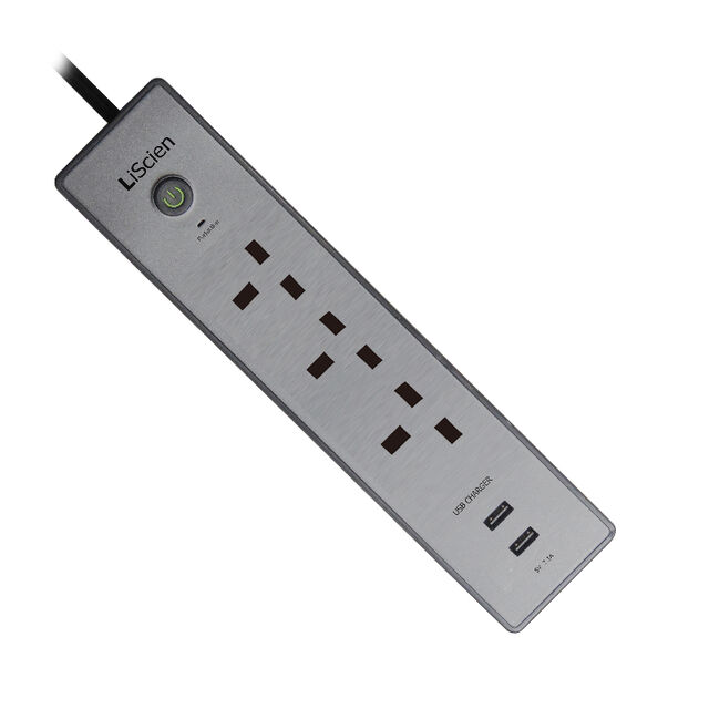 Regleta de alimentación con protección contra sobretensiones, 3 enchufes BS, 2 puertos USB, enchufe UK, 2.4A