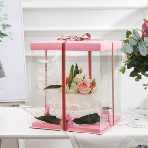 Boîte cadeau carrée en plastique transparent PVC avec design personnalisé pour emballage de gâteaux de mariage et d'anniversaire avec soie