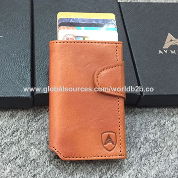 AirTag Wallet Men's Credit Card Holder, Leather Card Wallet RFID Blocking  Pop Up Metal Bank Card Case(Blue)