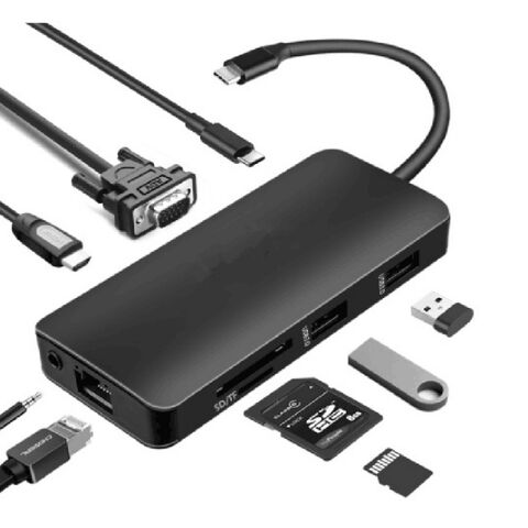 Hub USB C, Adaptador 9 em 1, USB 3.0, HDMI, Áudio, VGA, RJ45, Leitor de cartão SD/TF, Carregador PD 100W