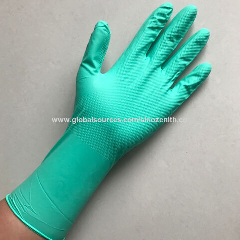Guante de nitrilo verde con agarre de diamante, agarre superior extra grueso, EN374, naranja, 12"