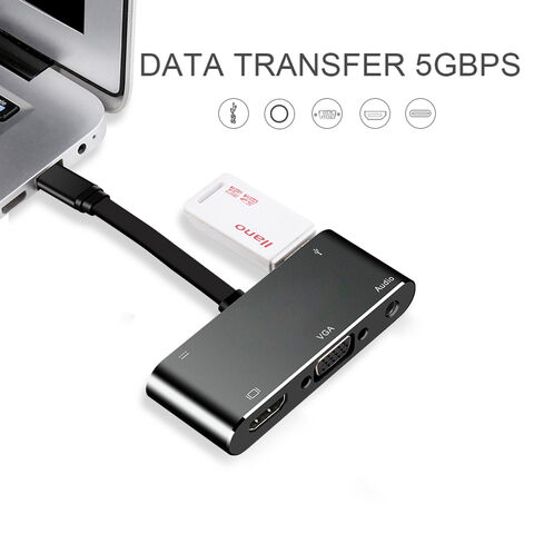 Adaptador Hub Tipo C 5 em 1, USB 3.0, VGA, HDMI 1080P, Jack de 3.5mm, Carregador PD
