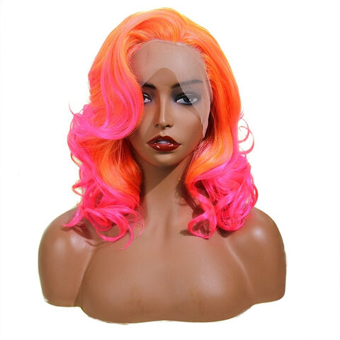 Orange-Pink Synthetische Lace Front Perücke mit Seitenscheitel, 35 cm (14 Zoll) Drag Queen Kurze Wellenperücke