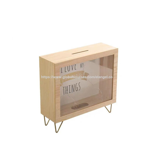 Hucha de madera con diseño de dibujos animados para niños, caja de ahorro de dinero de madera personalizada con ventana transparente y pies for sale at factory direct price