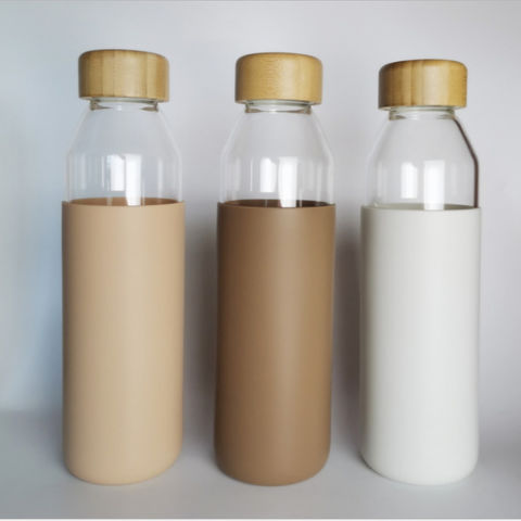 500ml Borosilicate sports glass water bottle with bamboo wood lid and  sleeve factory and manufacturers