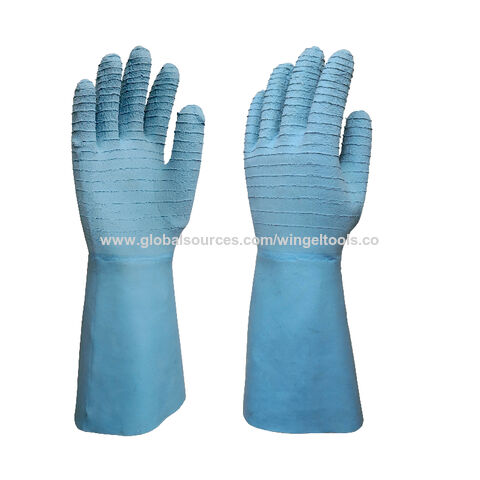 Blaue Latexbeschichtete Schutzhandschuhe mit Stulpen, geriffelte Oberfläche
