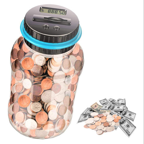 Digital Coin Counter Savings Jar Black Clear Digital Piggy Bank Coin Savings Counter LCD Counting Money Jar Change Gift for Kids 
